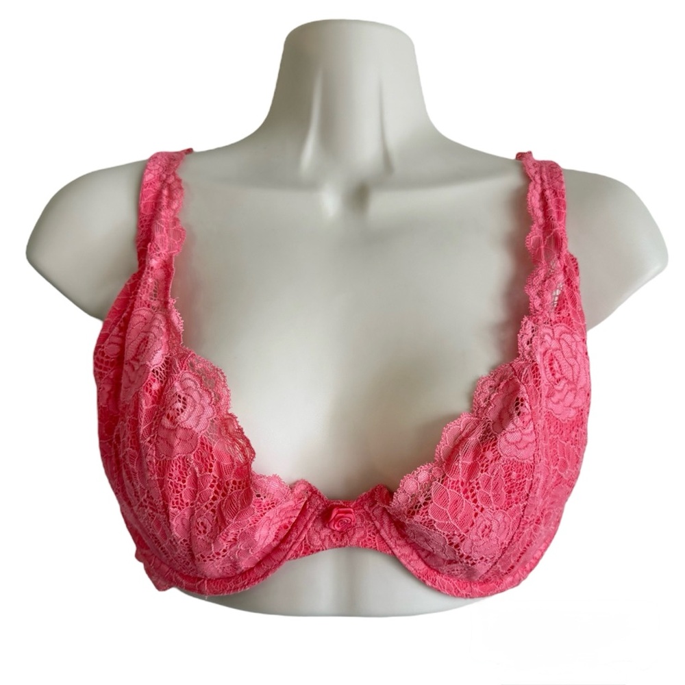 Victoria's Secret Y2K Vintage Underwire Lace Bra Size 36D Pink Plunge 00's Vtg